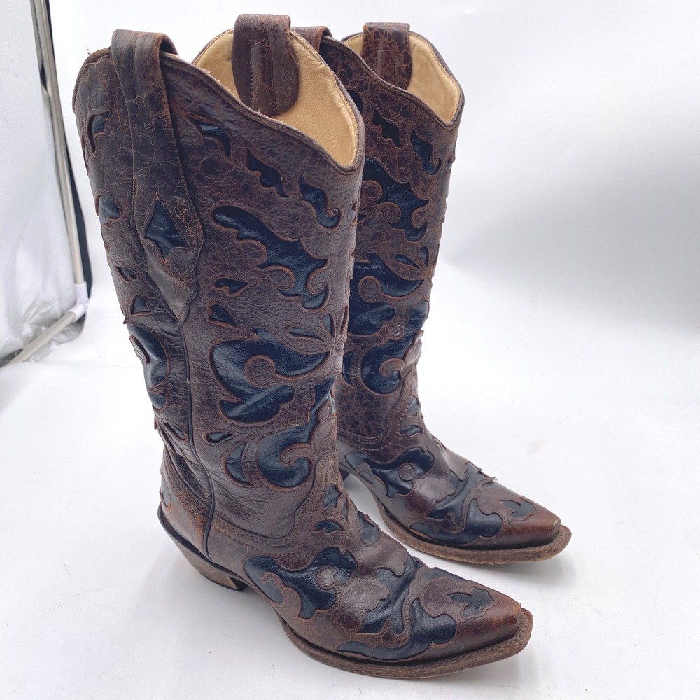 Corral Vintage C1957 Cowboy Boots Womens 5.5 M Brown Black Leather Snip Toe Tall